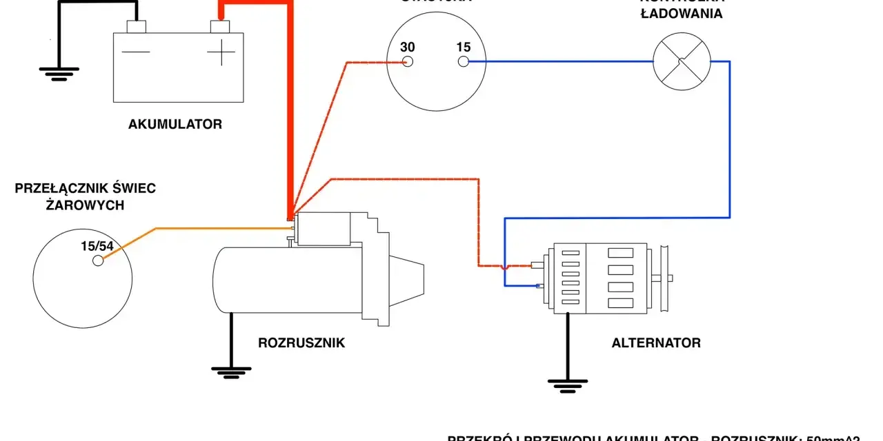 Schemat podłączenia alternatora C-330: akumulator, rozrusznik, stacyjka, kontrolka ładowania.