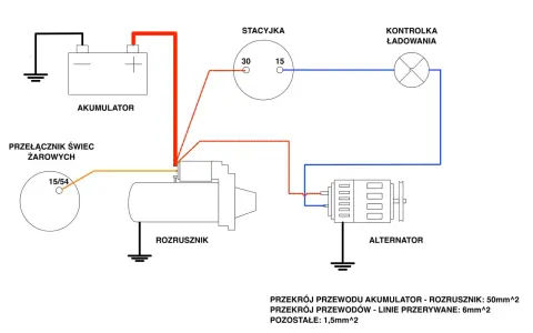 Schemat podłączenia alternatora C-330: akumulator, rozrusznik, stacyjka, kontrolka ładowania.