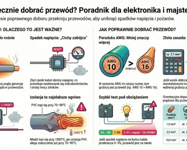 Wykres porównuje przekroje przewodów, pokazując, że grubszy przewód (np. 2.5 mm²) jest lepszy niż cieńszy (1.5 mm²), podobnie jak śruba 8.8 wytrzymałość jest kluczowa.