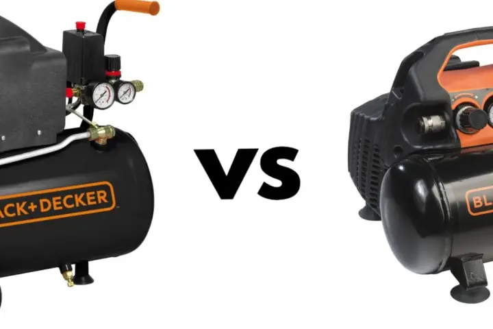 Porównanie: kompresor olejowy czy bezolejowy. Dwa kompresory Black+Decker, jeden z widocznym manometrem, drugi z uchwytem.