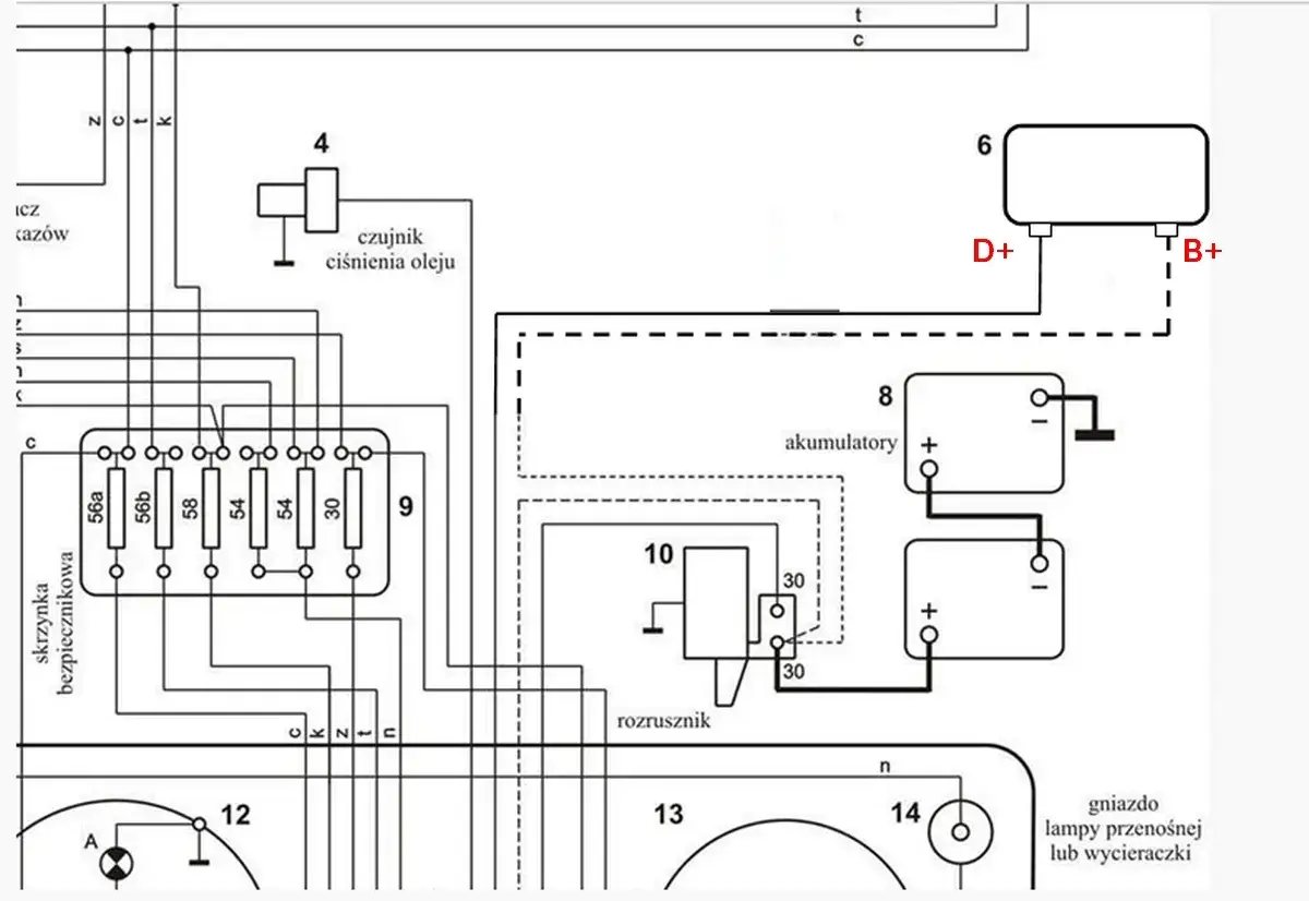Schemat elektryczny ciągnika C-330. Pokazuje jak podłączyć regulator napięcia do prądnicy, uwzględniając skrzynkę bezpiecznik&oacute;w i akumulatory.