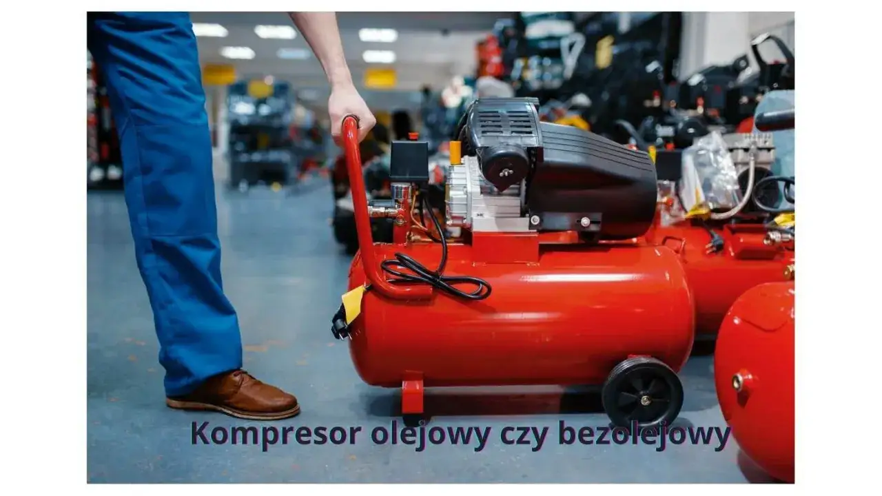 Czerwony kompresor olejowy czy bezolejowy? Mężczyzna w niebieskich spodniach przygotowuje się do wyboru.