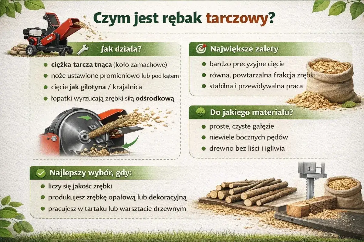 Budowa rębak tarczowy: ciężka tarcza tnąca, noże promieniowo, cięcie jak gilotyna. Wyrzuca zrębki siłą odśrodkową. Idealny do precyzyjnego cięcia gałęzi.