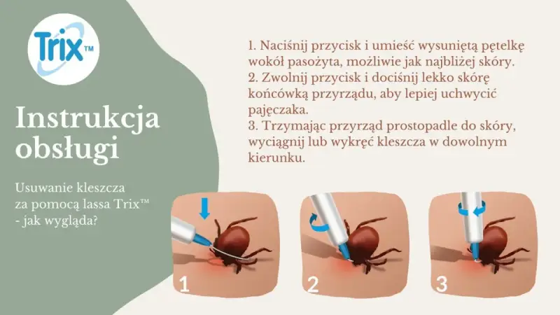 Instrukcja usuwania kleszczy za pomocą przyrządu Trix™. Kleszcze samozaciskowe są łatwe do usunięcia.